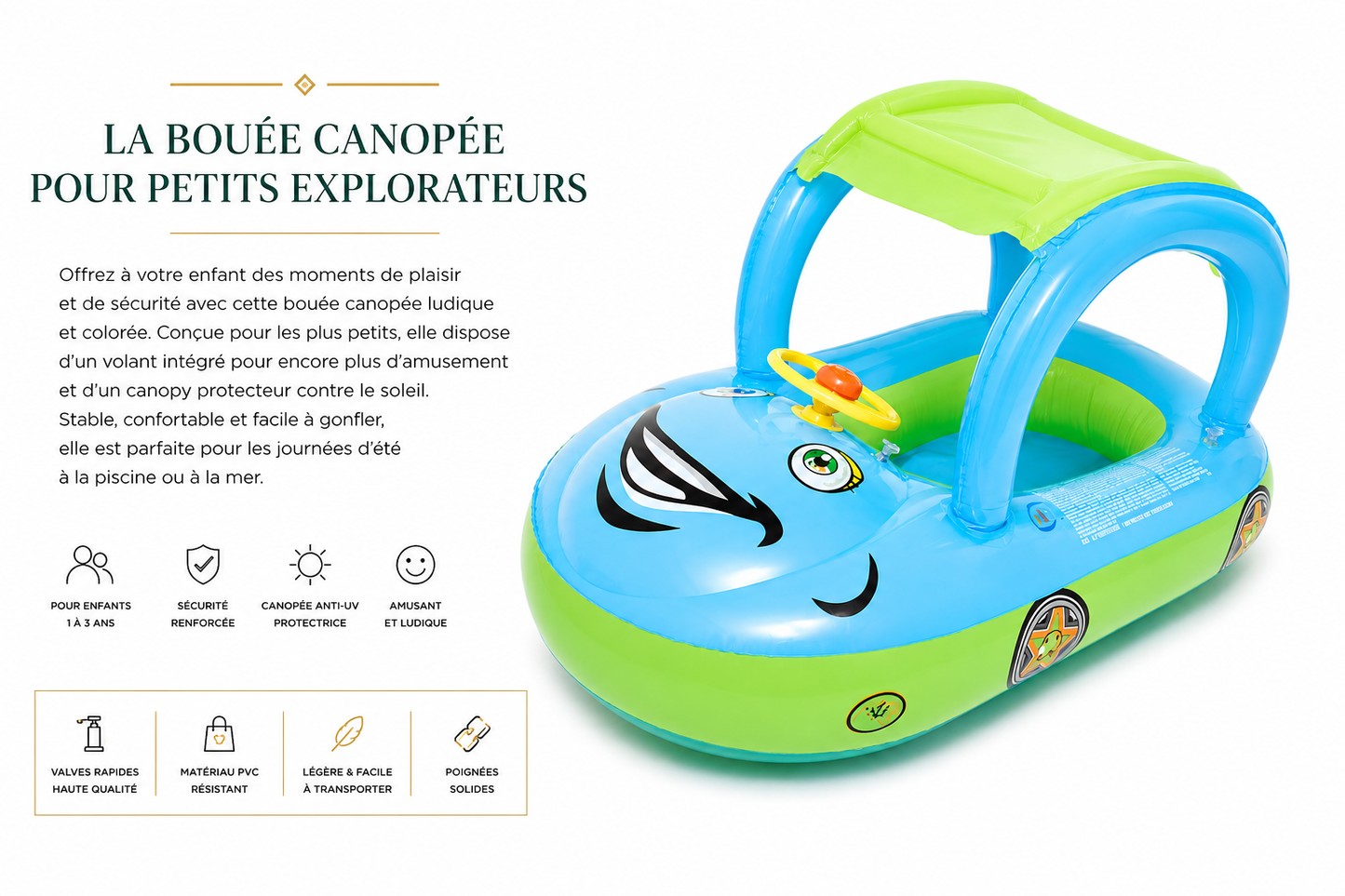 Le Cabriolet Aquatique - Bouée Voiture Bébé avec Parasol